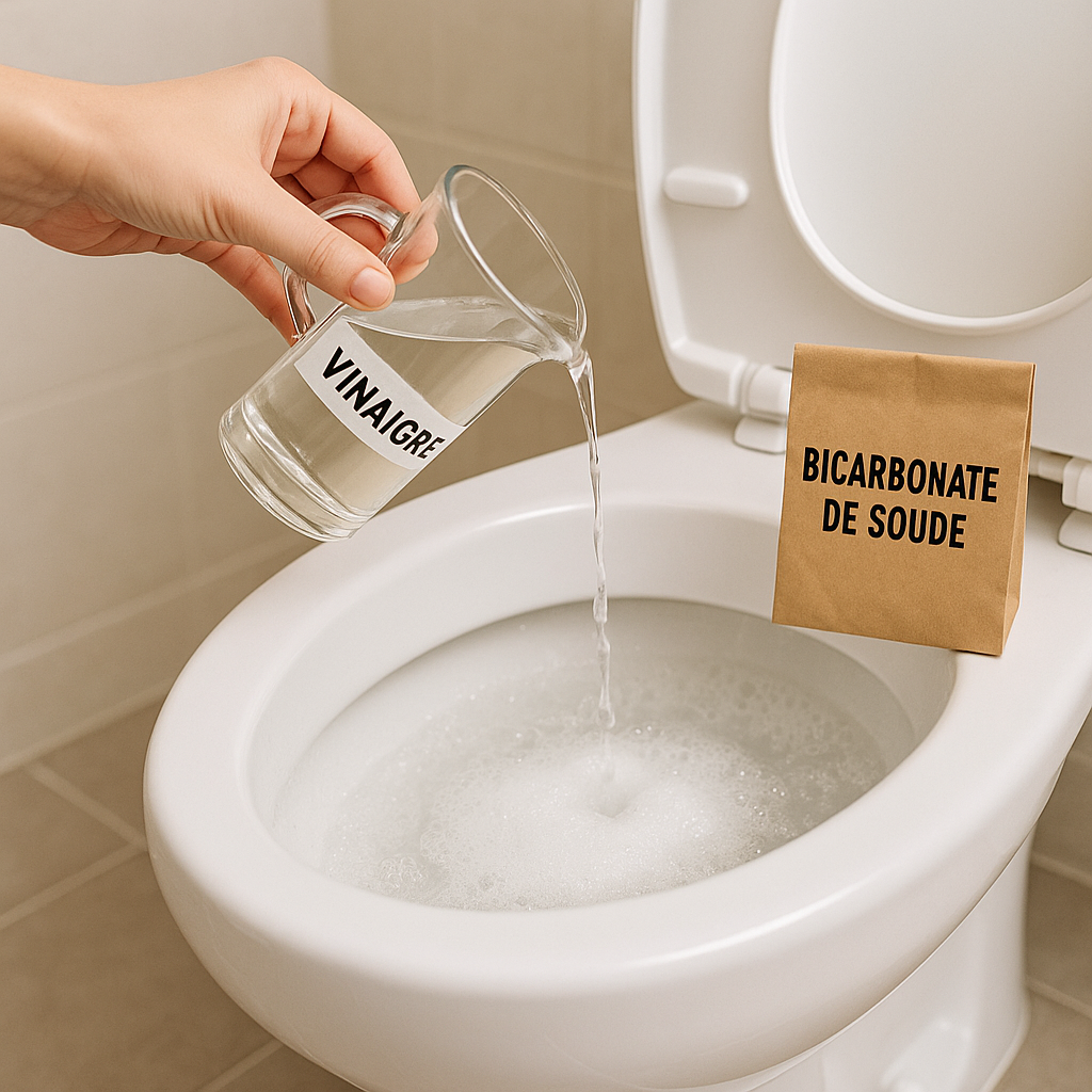 Une main verse un mélange de vinaigre et de bicarbonate de soude dans des toilettes blancs.