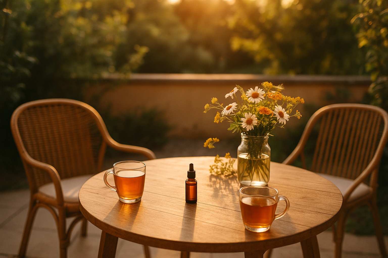Pause partagée au coucher du soleil avec tisanes et élixirs floraux