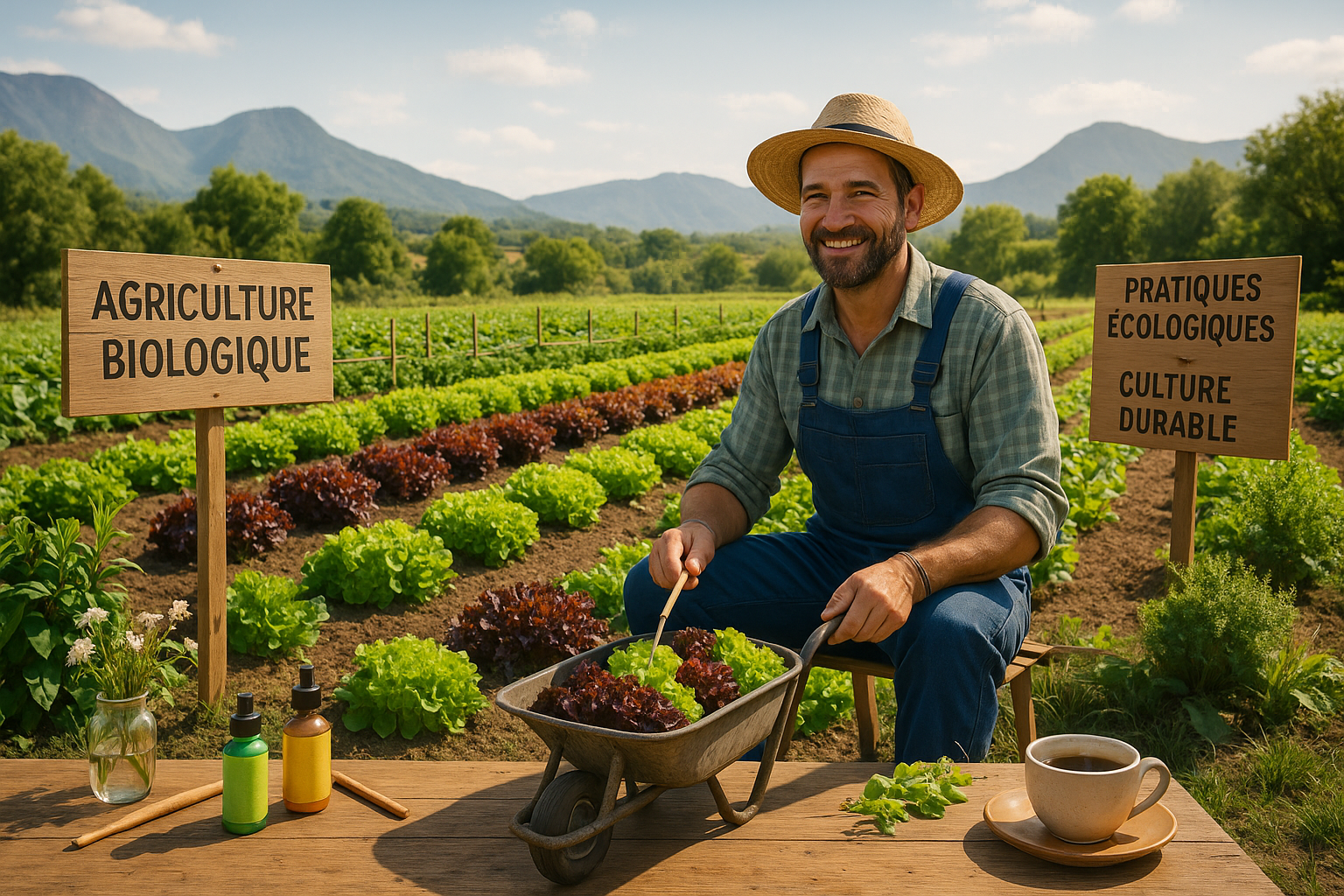 Agriculteur travaillant dans un champ de légumes bio, symbole d'un engagement pour la santé et l'écologie.