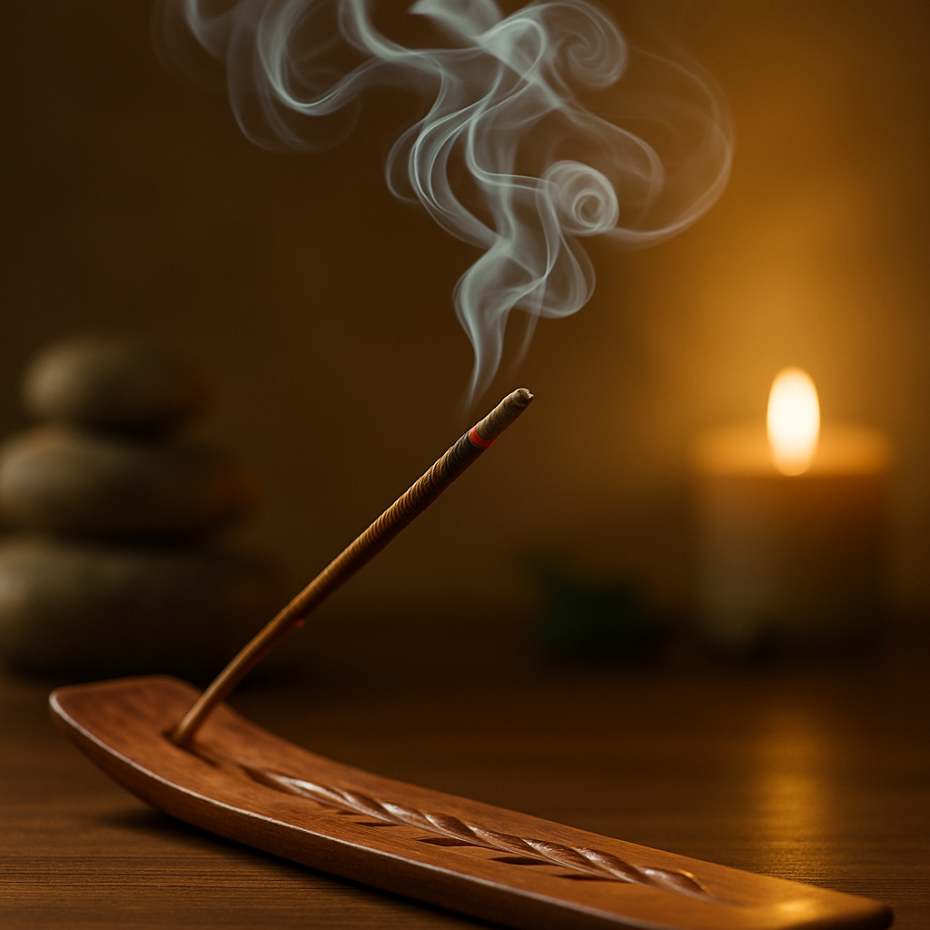 Bâtonnet d'encens Nag Champa brûlant, dégageant une fumée apaisante dans une ambiance sereine.