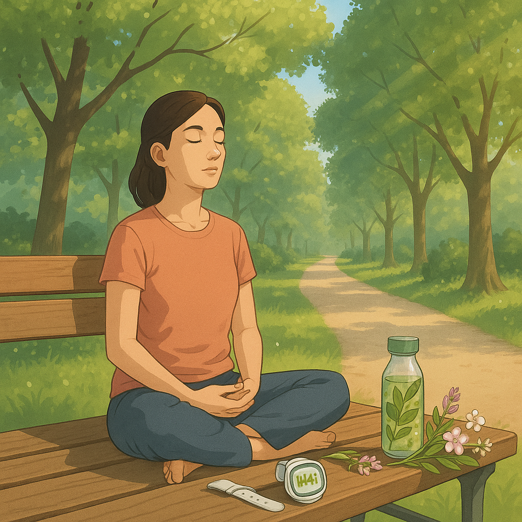 Chemin tranquille avec une personne méditant, montrant l'heure 14H41 et des fleurs de Bach, symbolisant le bien-être.