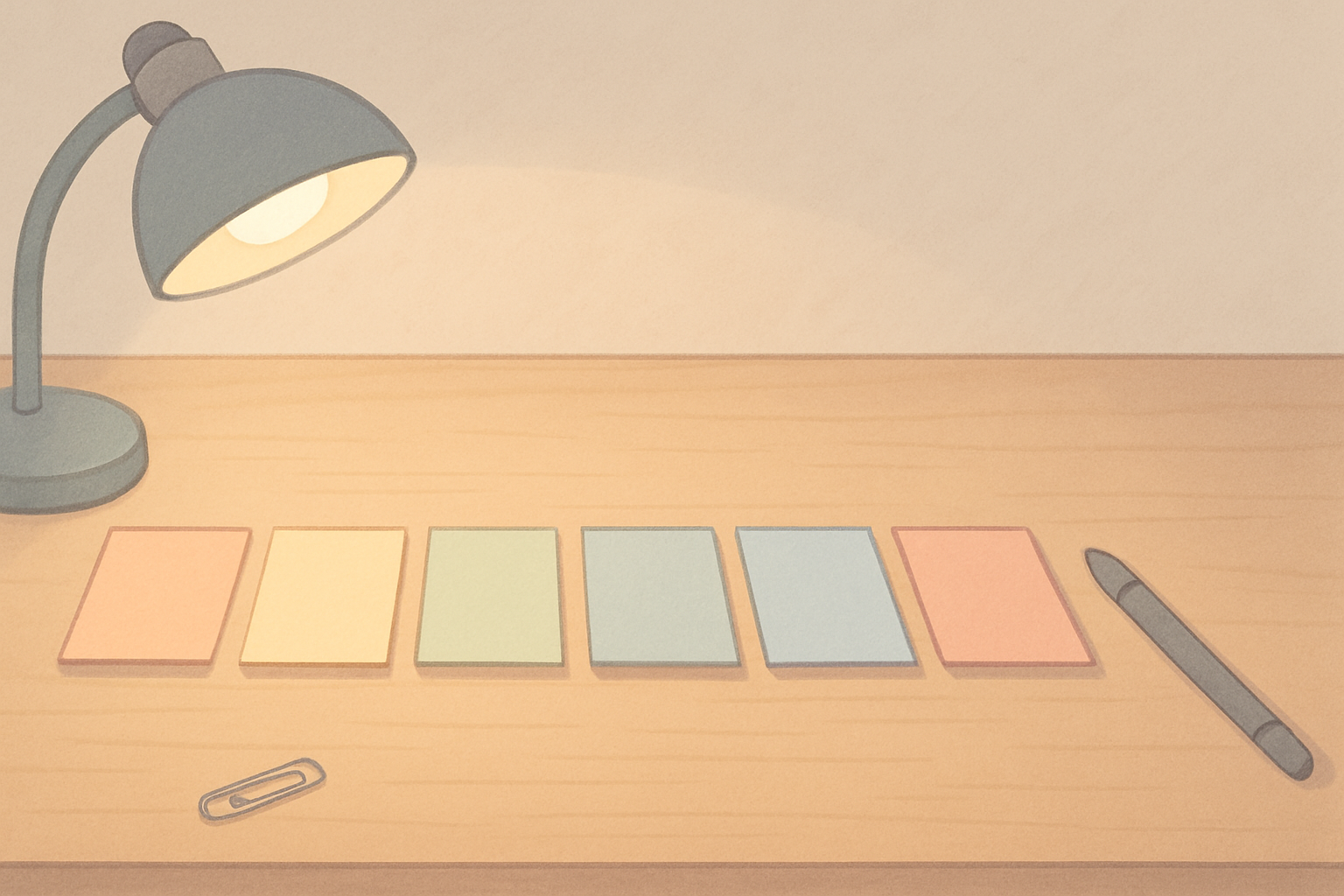 Bloc-notes de couleurs différentes alignés sur un bureau, prêt pour découper les tâches