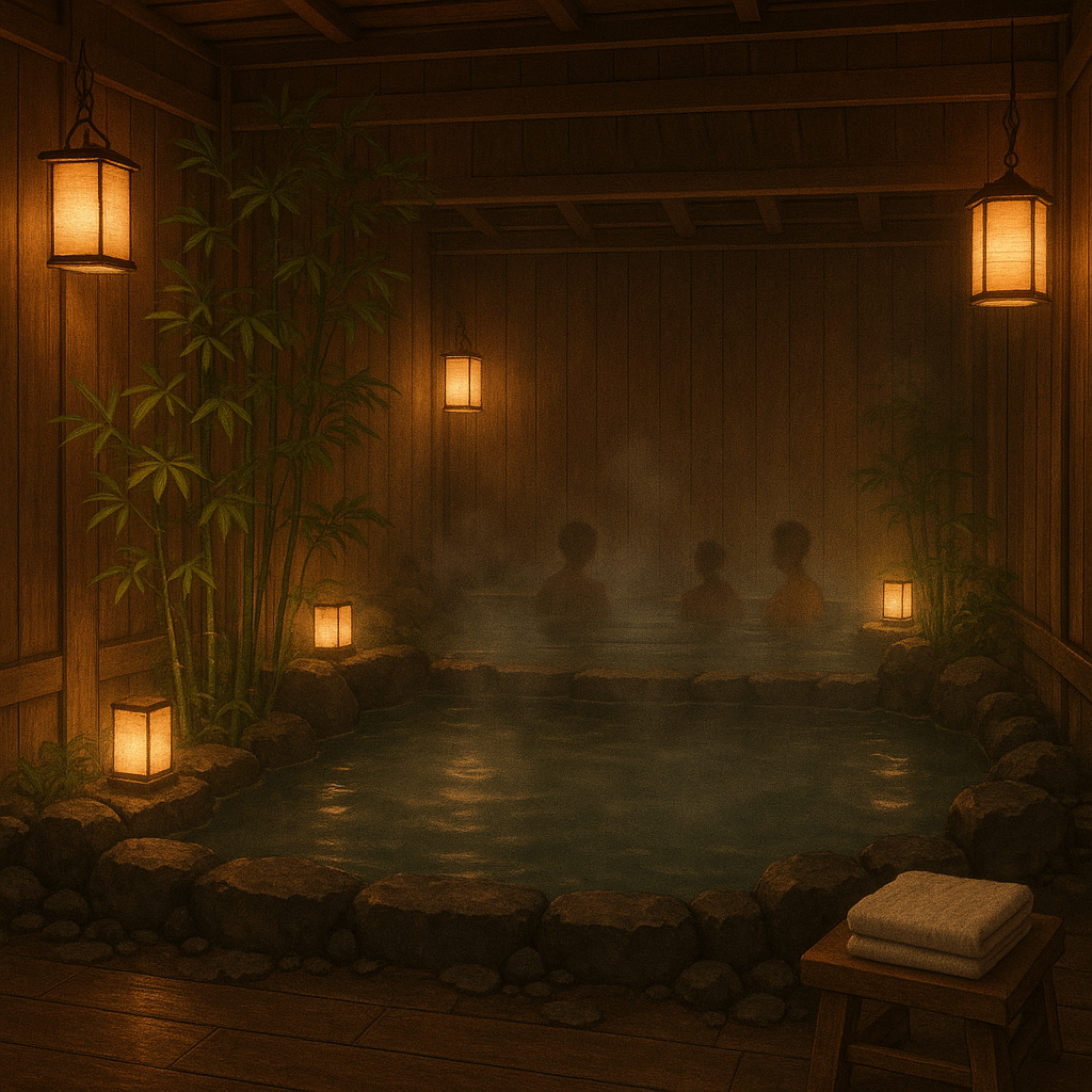 Scène de onsen intérieur avec silhouettes relaxantes dans l'eau chaude, entouré d'un décor traditionnel en bois et de plantations.