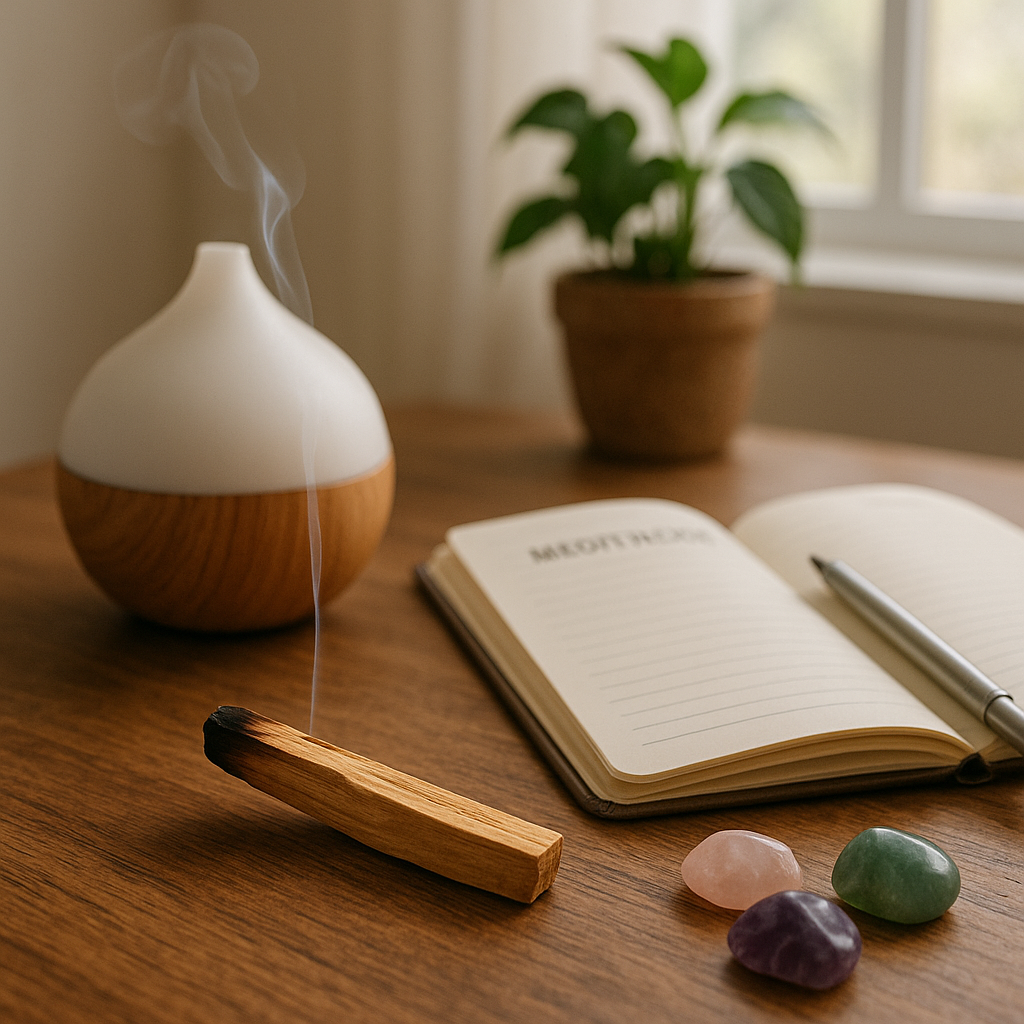 Bâton de Palo Santo et objets de bien-être sur une table en bois dans une ambiance zen.