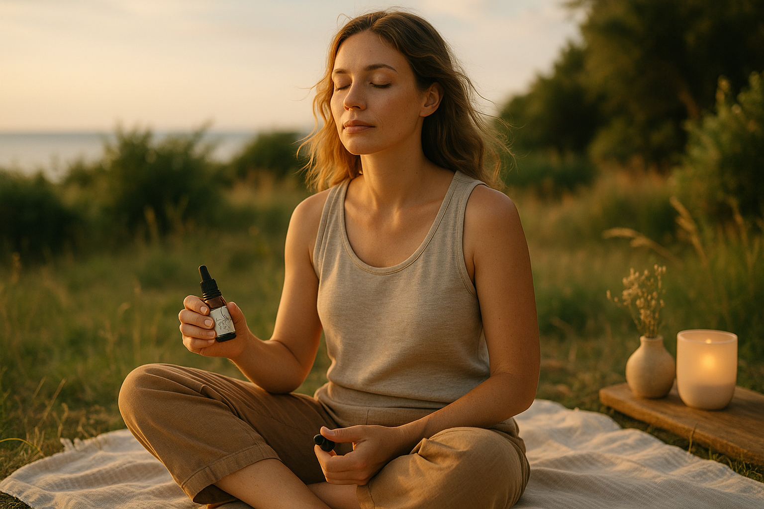 Femme utilisant les fleurs de Bach dans un cadre naturel en vacances