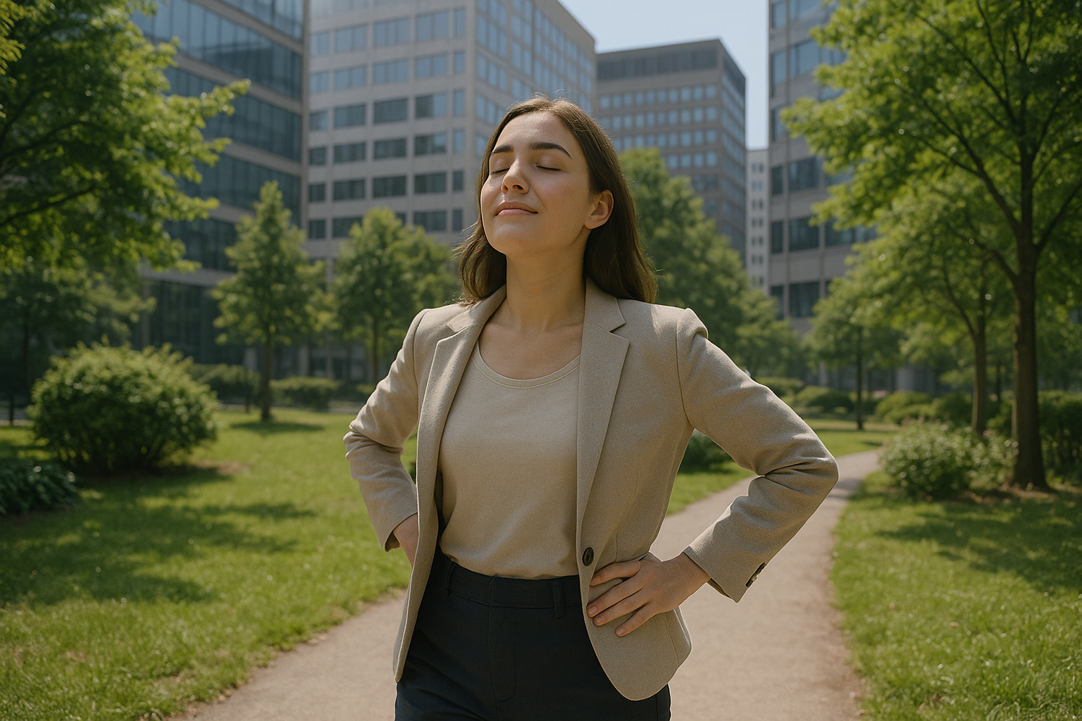 Femme en pause dans un parc en ville, respirant profondément