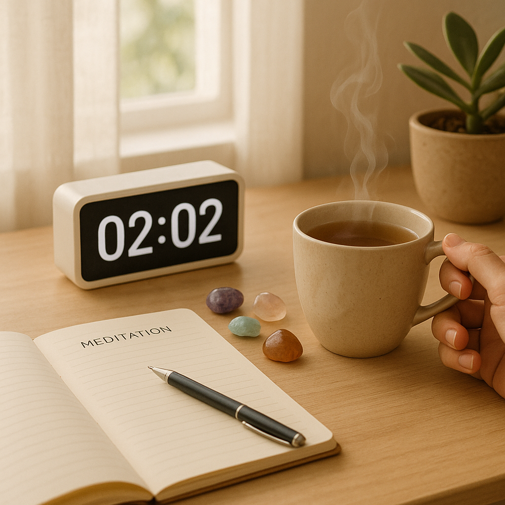 Scène apaisante avec horloge 02h02, carnet de méditation, et tasse de thé sur un bureau
