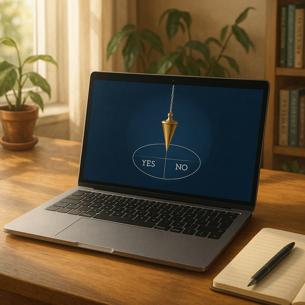 Ordinateur avec un pendule divinatoire en ligne sur l'écran, sur une table en bois.