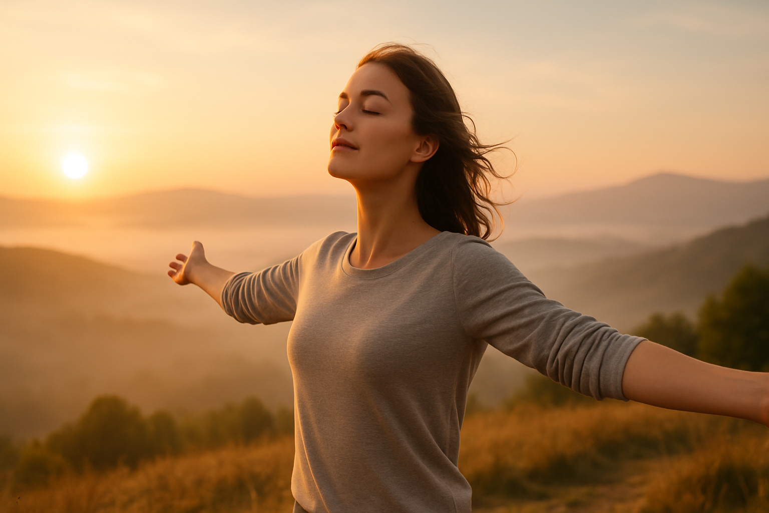 Femme accueillant le lever de soleil, bras ouverts, remplie d'énergie positive