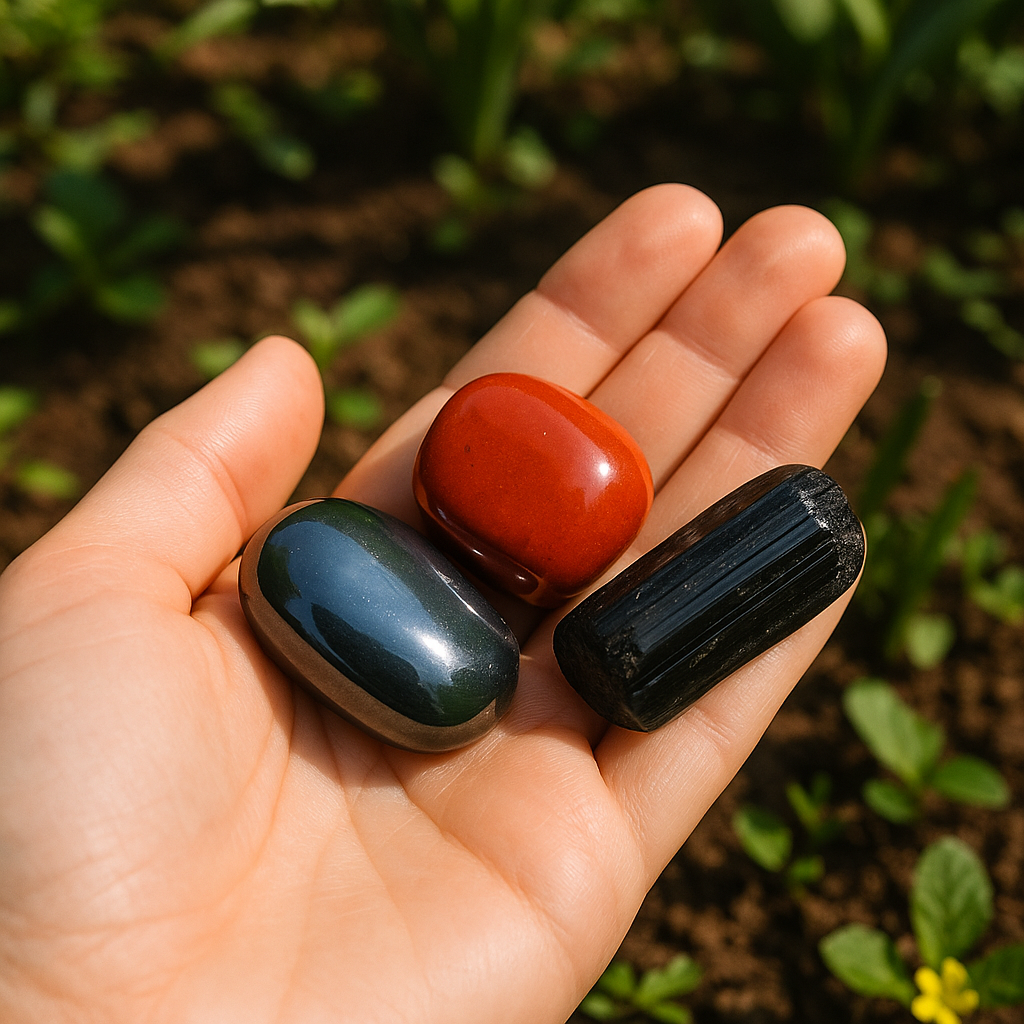 Main tenant des pierres précieuses pour le chakra racine sur un sol naturel.