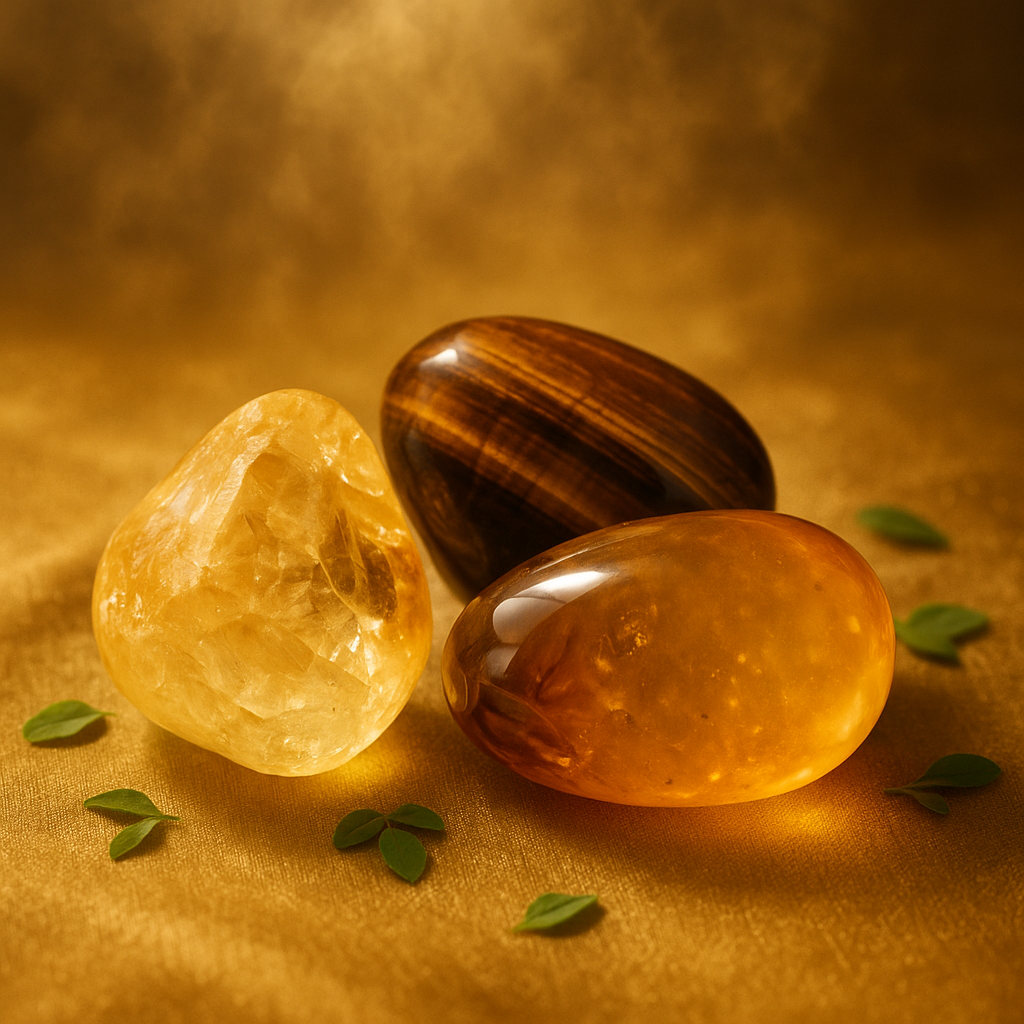 Trois pierres représentant le chakra du plexus solaire sur un fond doré, symbolisant l'énergie et l'harmonie