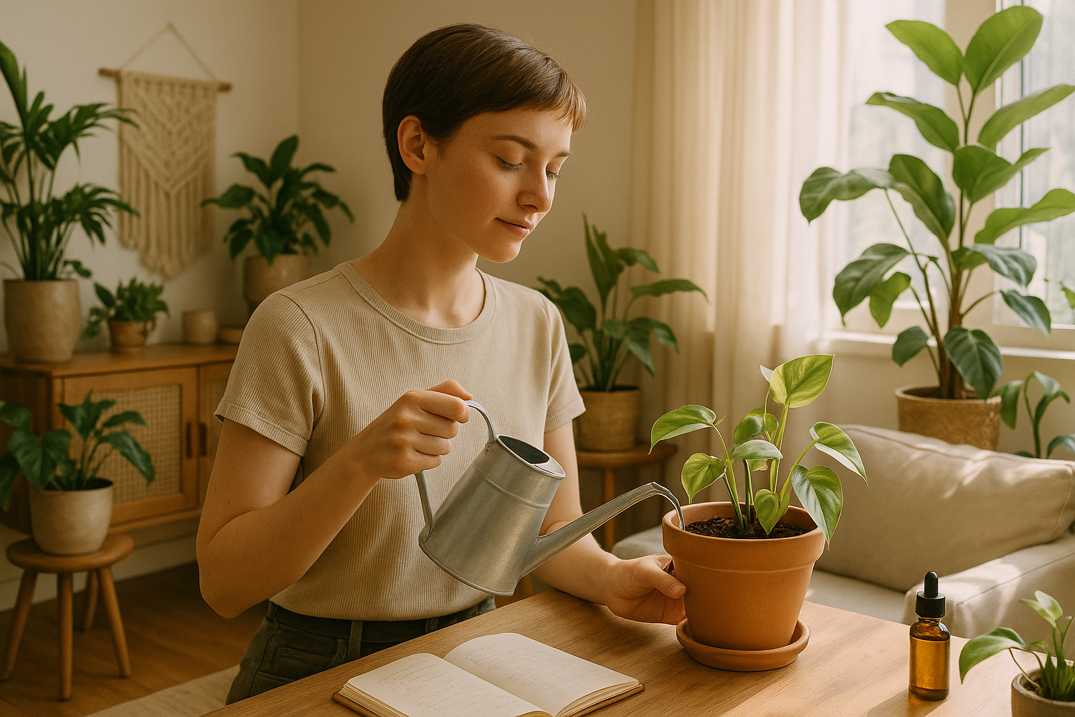 Femme arrosant une plante d'intérieur dans un salon lumineux, ambiance apaisante et végétale