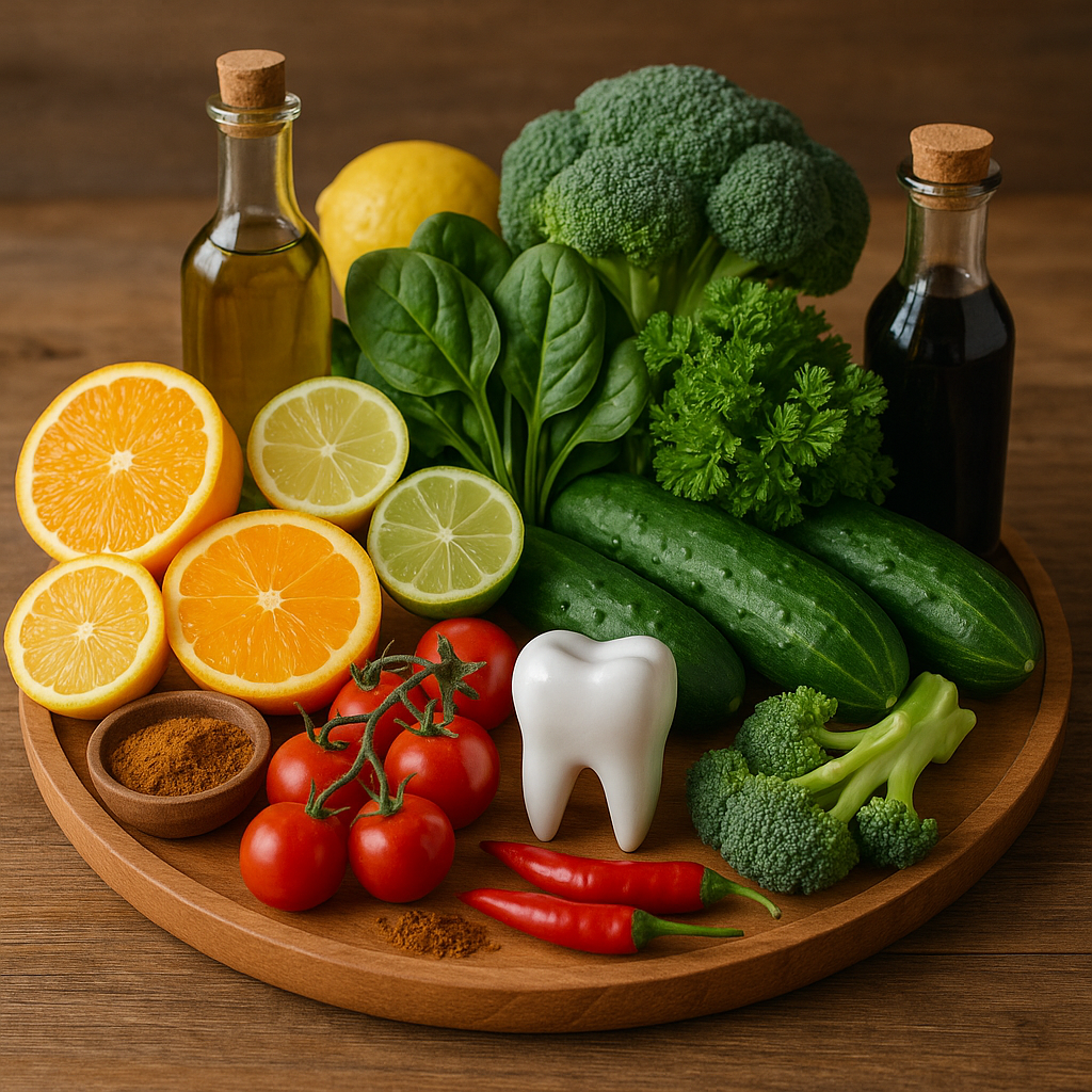 Plateau de fruits et légumes frais représentant une alimentation équilibrée pour la santé de la langue.