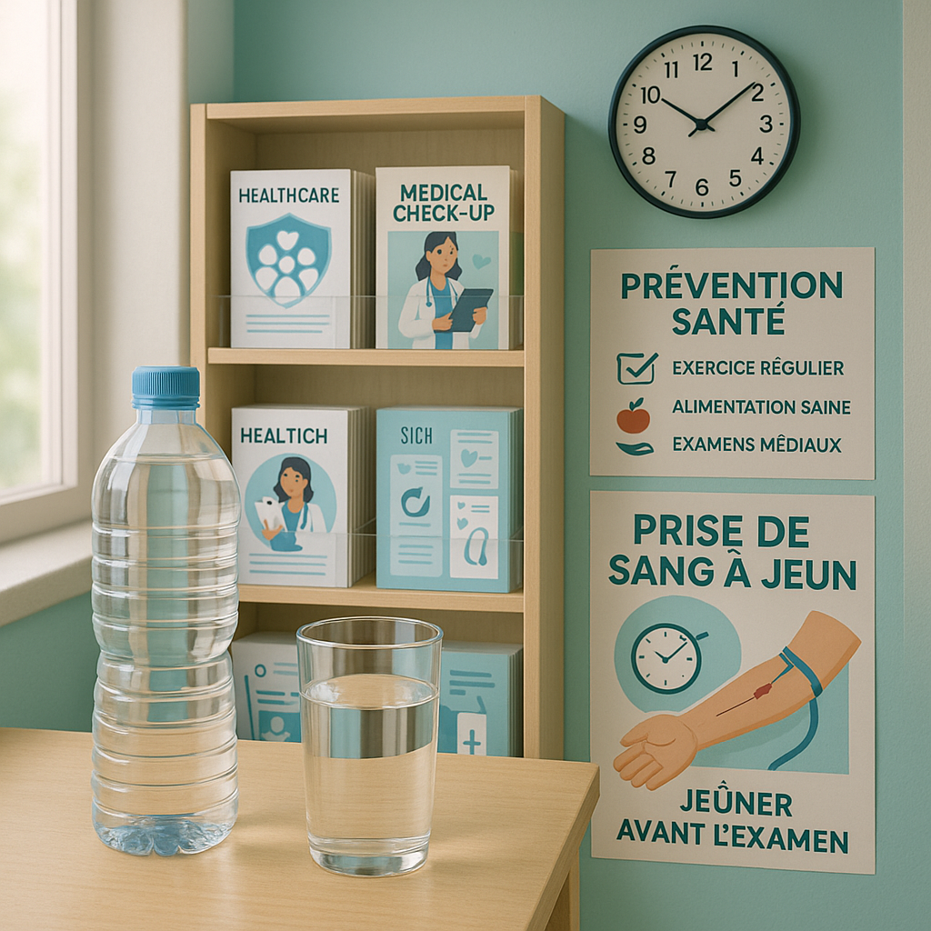 Bureau avec bouteille d'eau et affiches sur la santé, représentant la préparation pour une prise de sang à jeun.