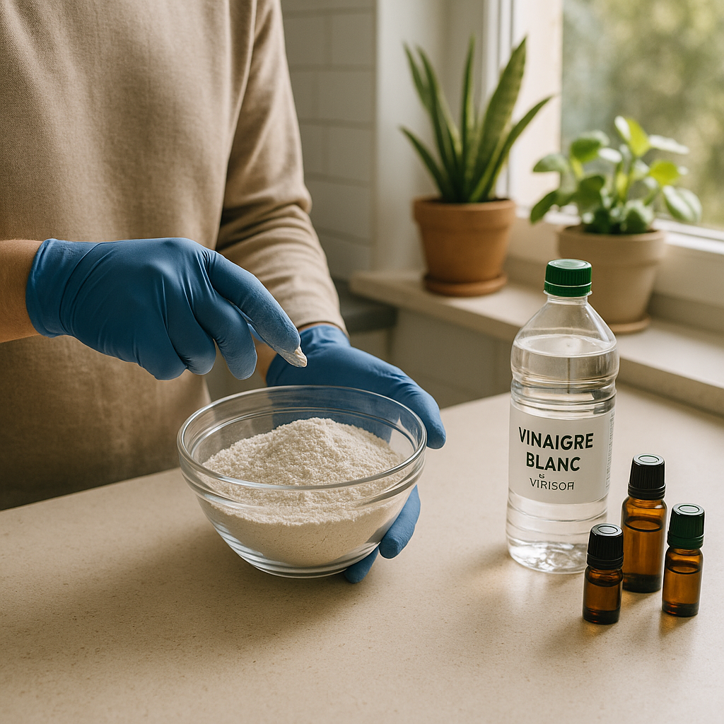 Scène en cuisine avec une personne examinant la terre de diatomée et des alternatives naturelles pour lutter contre les nuisibles.