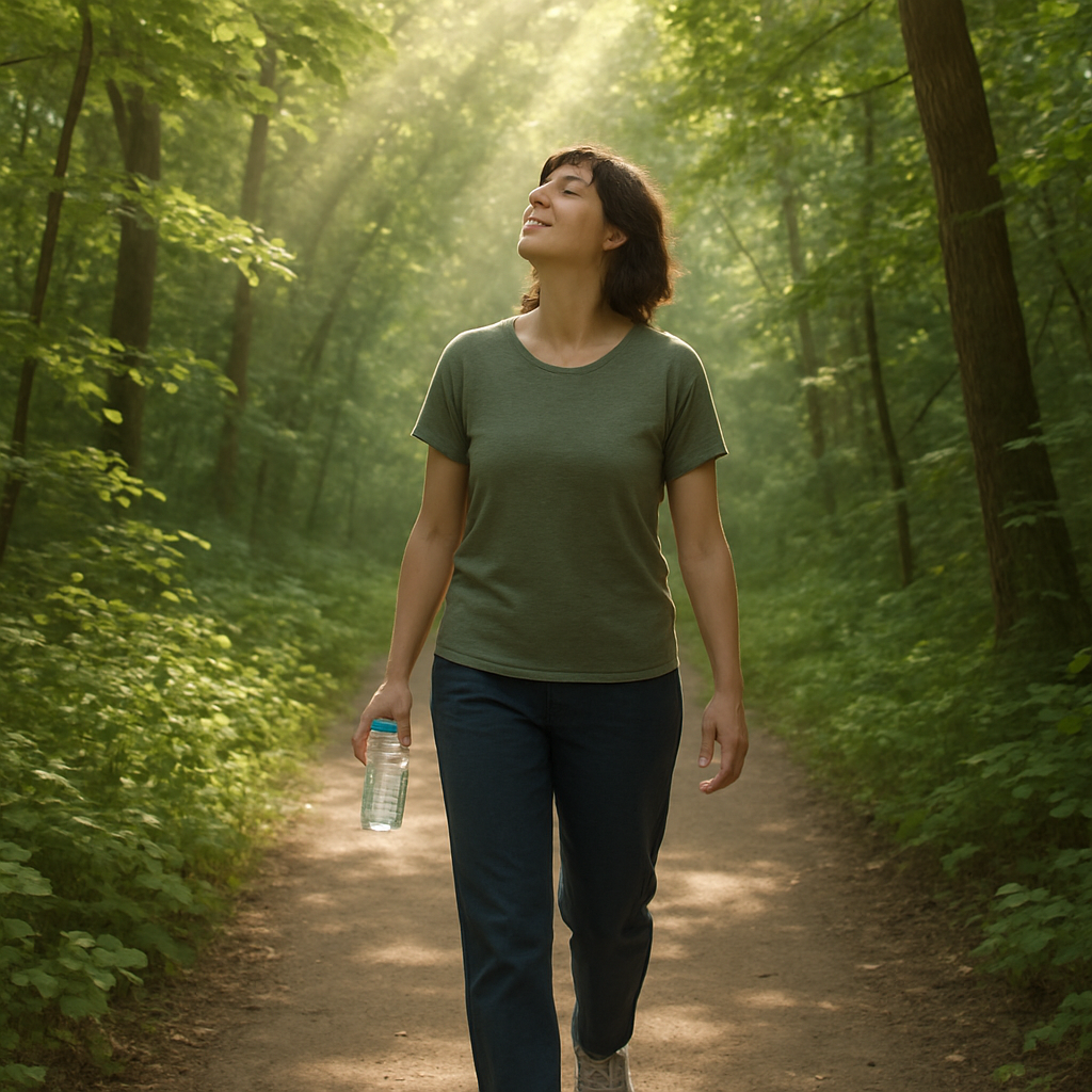 Une personne se promenant tranquillement dans une forêt, symbolisant la connexion avec la nature et la gestion des crises d'angoisse.
