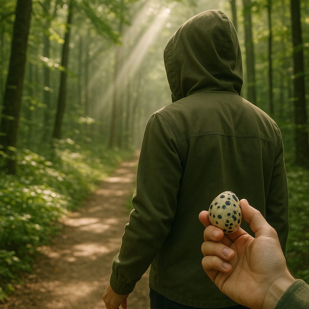 Une personne dans une forêt tranquille tenant un jaspe dalmatien, évoquant sérénité et connexion avec la nature.