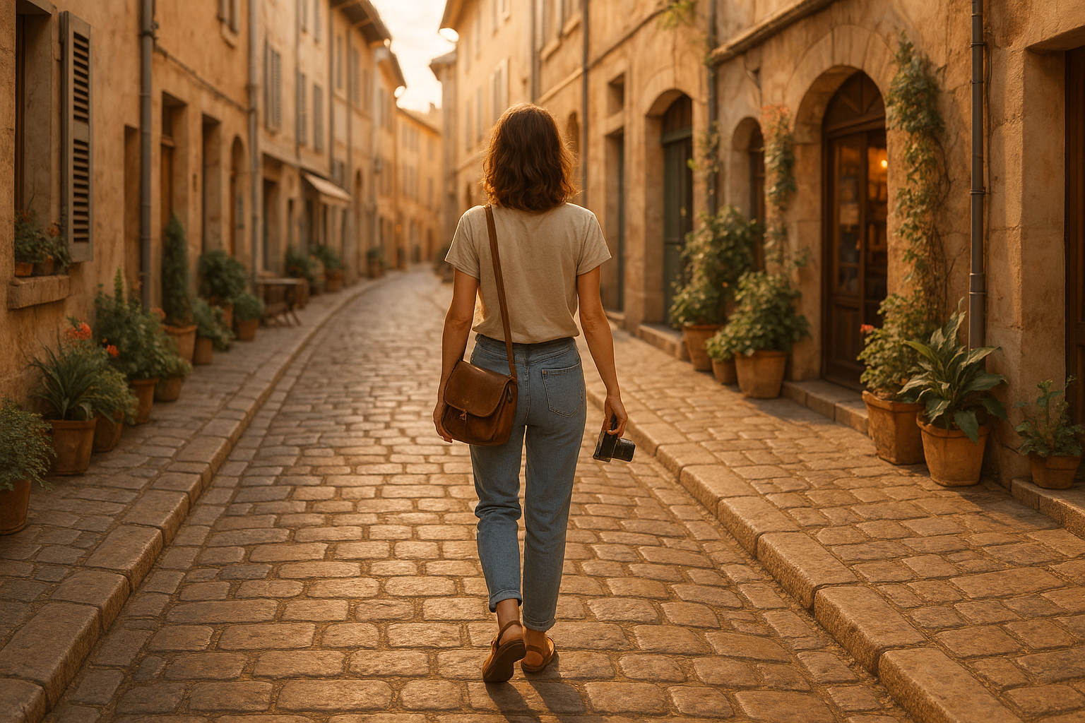 Femme marchant seule dans une rue ancienne d'Europe au coucher du soleil