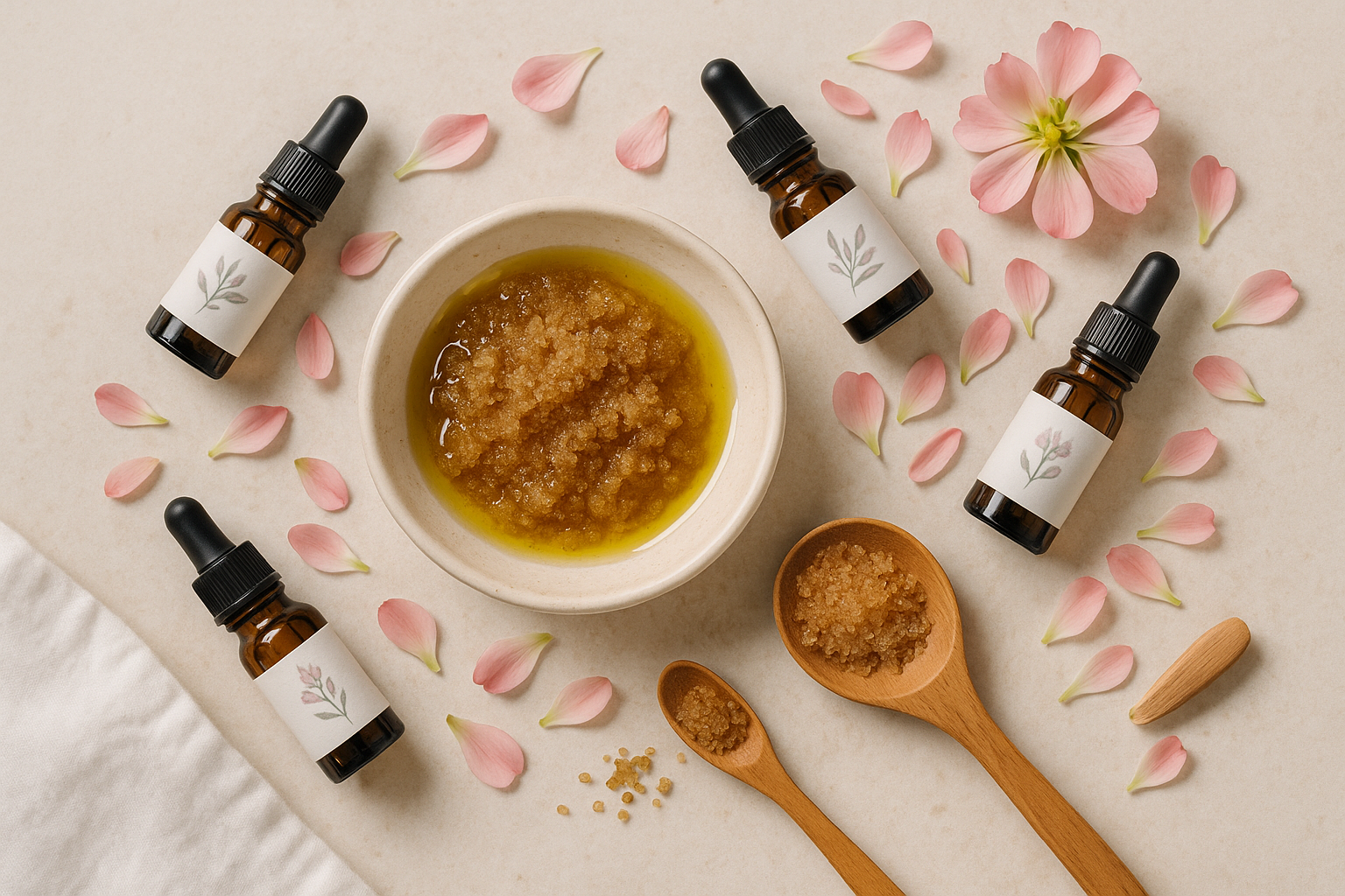 Ingrédients naturels d’un peeling pour les pieds avec sucre, huile d’olive et fleurs.