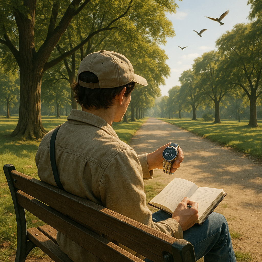 Personne prenant des notes sur un banc, observant l'heure 09h09 sur sa montre dans un parc.