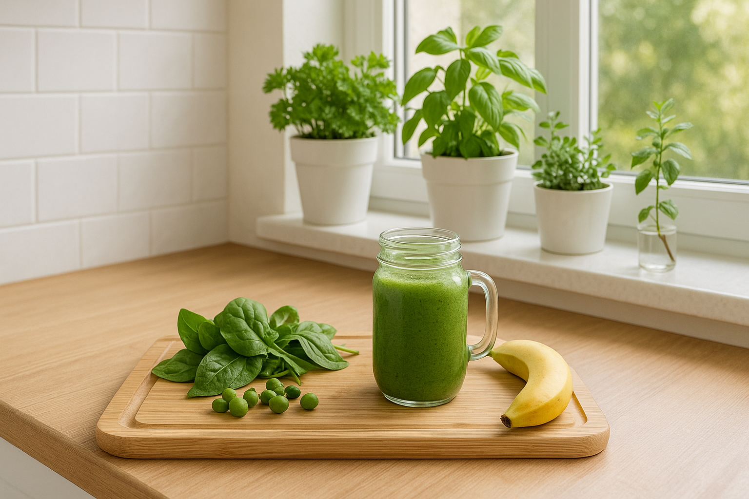Smoothie vert et herbes aromatiques en cuisine