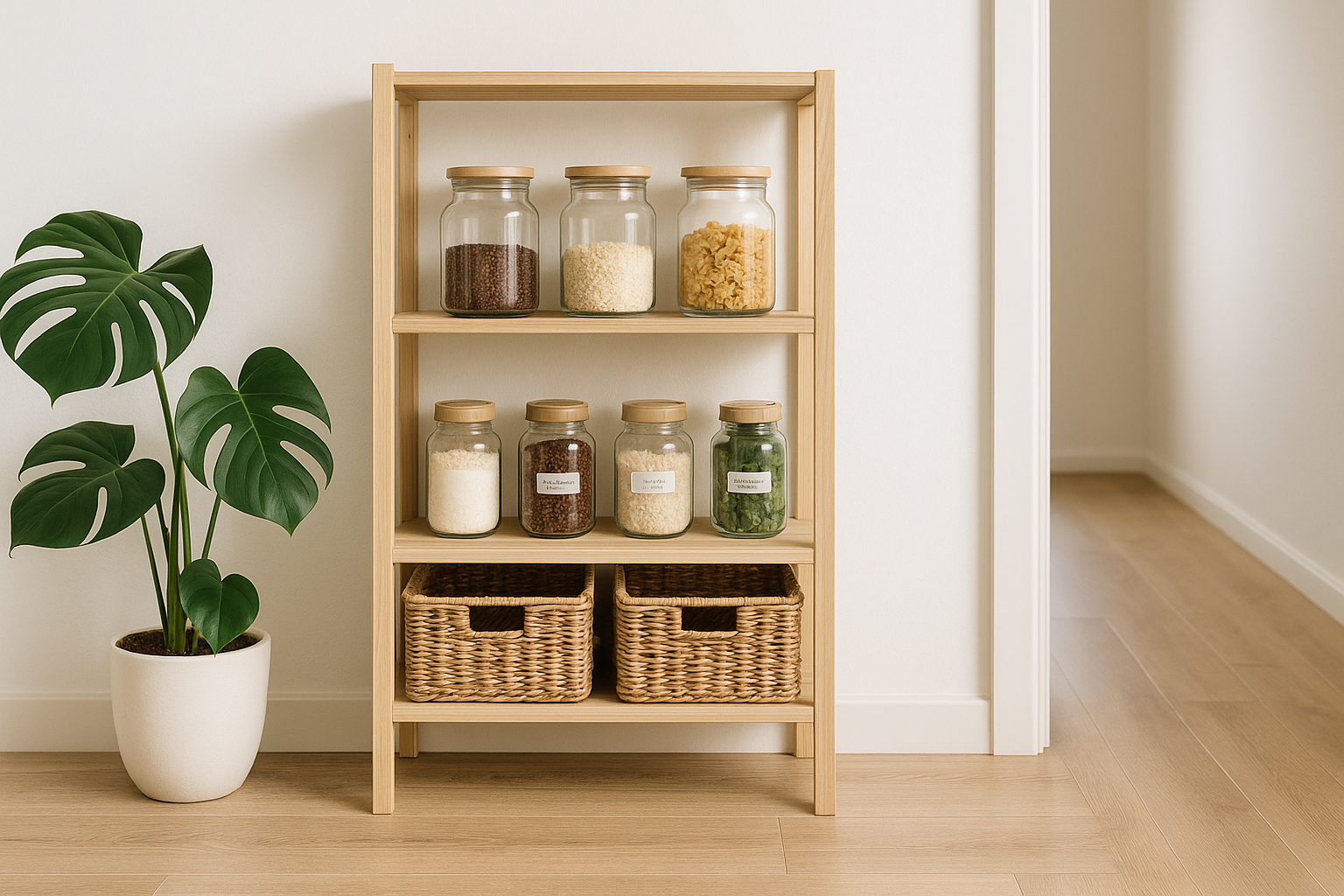 Espace de rangement organisé et plantes vertes