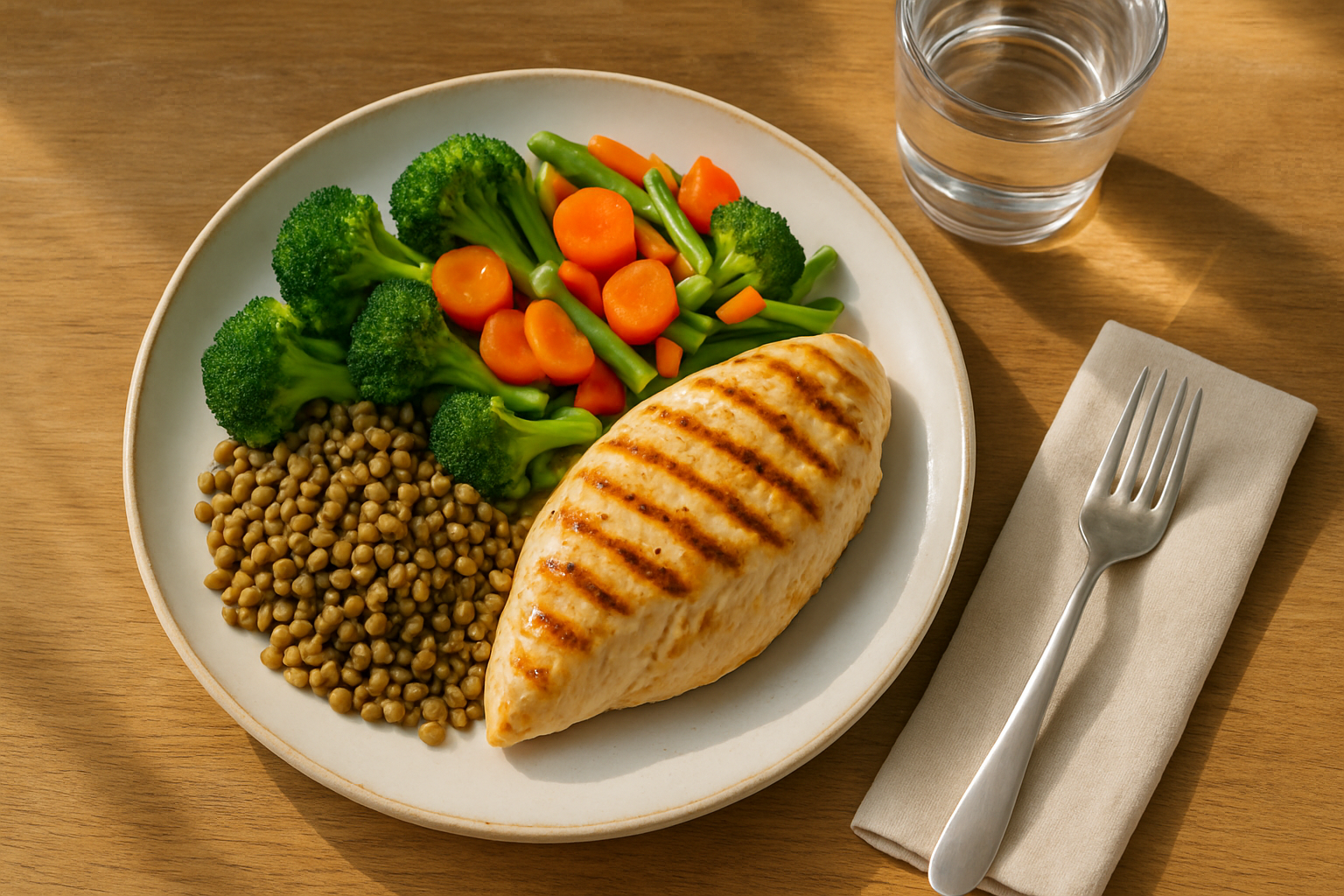 Repas sain et coloré avec légumes vapeur, lentilles et poulet grillé