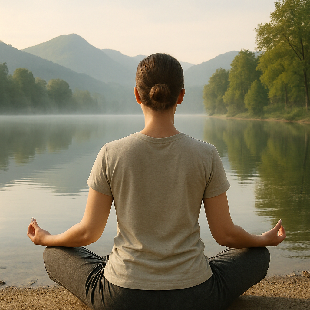 Personne en méditation au bord d'un lac, pratiquant des exercices de respiration pour débloquer le plexus solaire dans un cadre naturel apaisant.