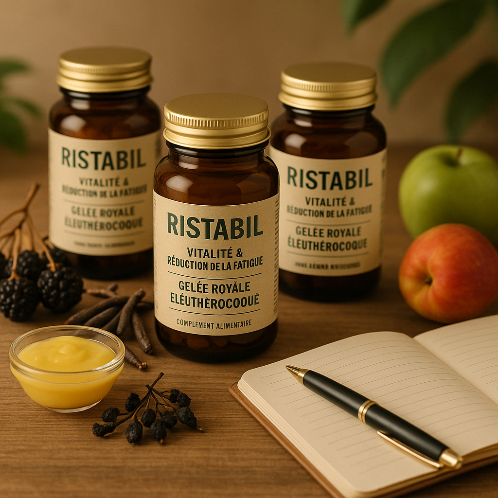 Flacons de RISTABIL et ingrédients naturels sur une table en bois.