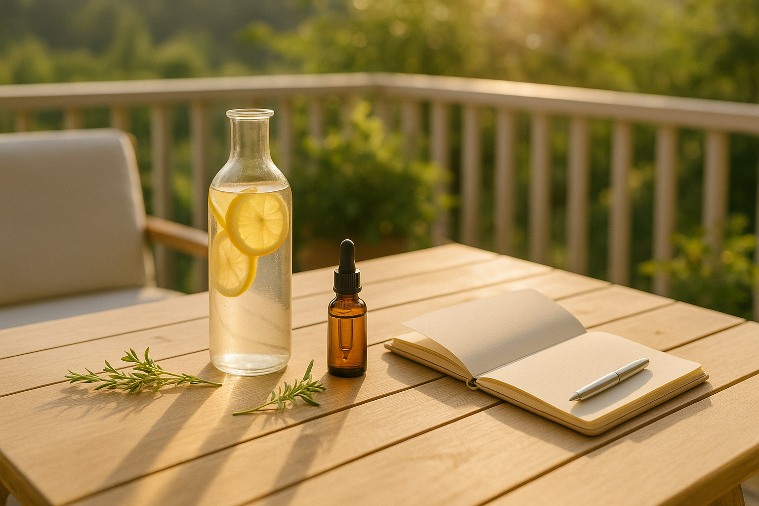 Rituel matinal estival avec élixir floral, eau citronnée et carnet de gratitude