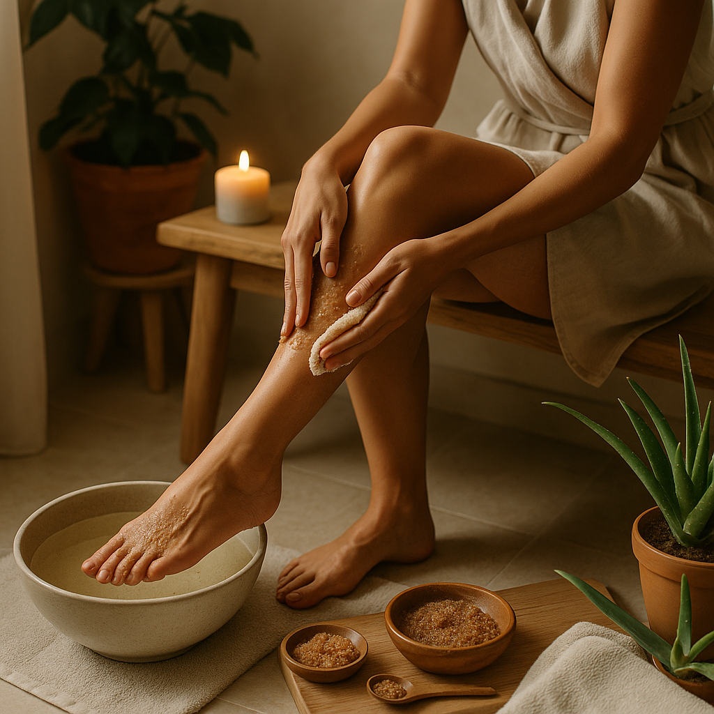 Femme prenant soin de ses pieds avec un peeling dans une salle de bain apaisante.