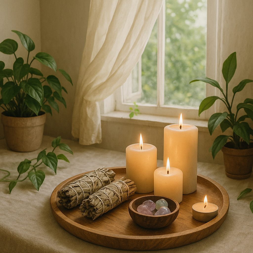 Coin de pièce décoré pour un rituel de purification avec sauge, bougies et cristaux.