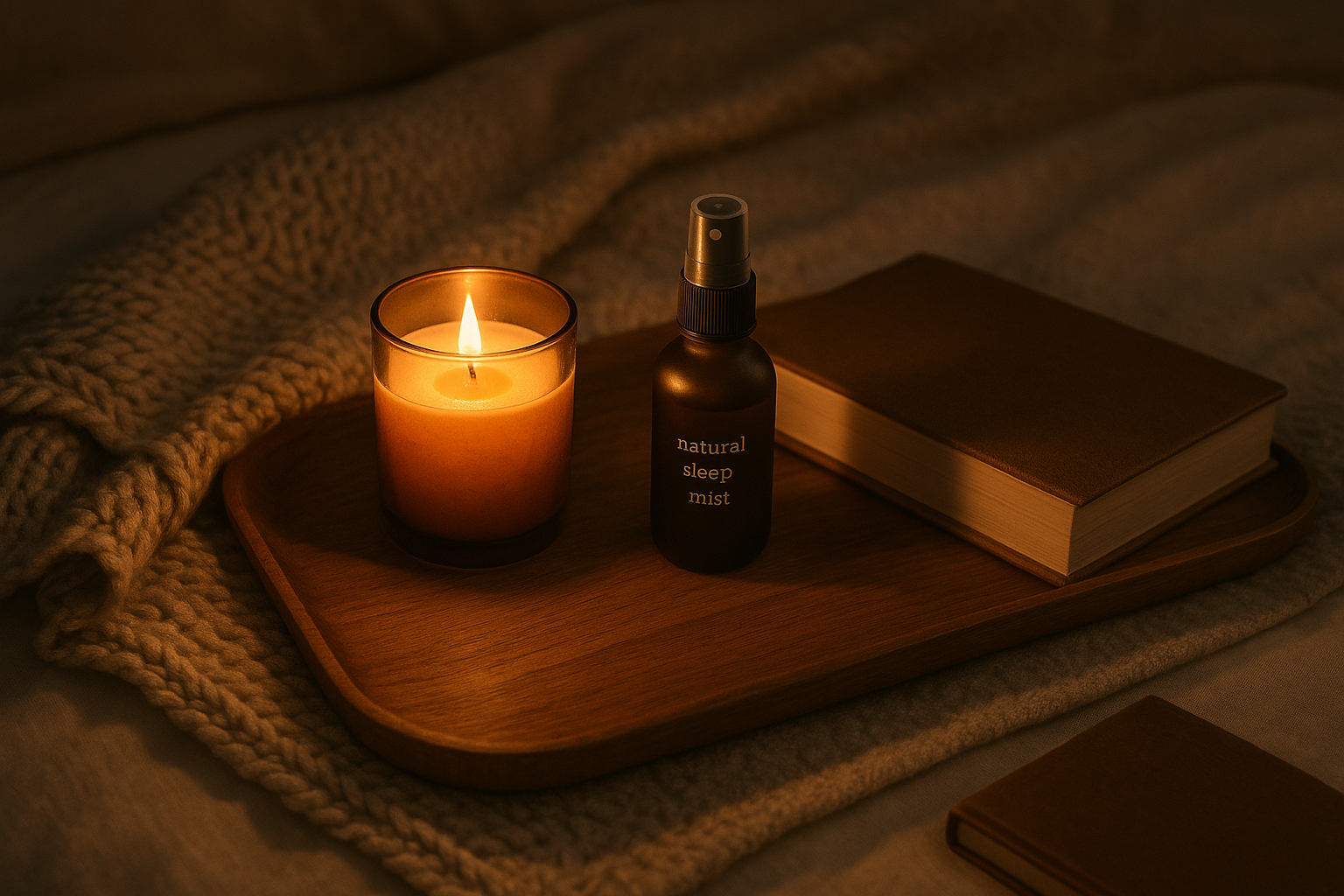 Rituel du soir avec bougie, spray sommeil et livre fermé