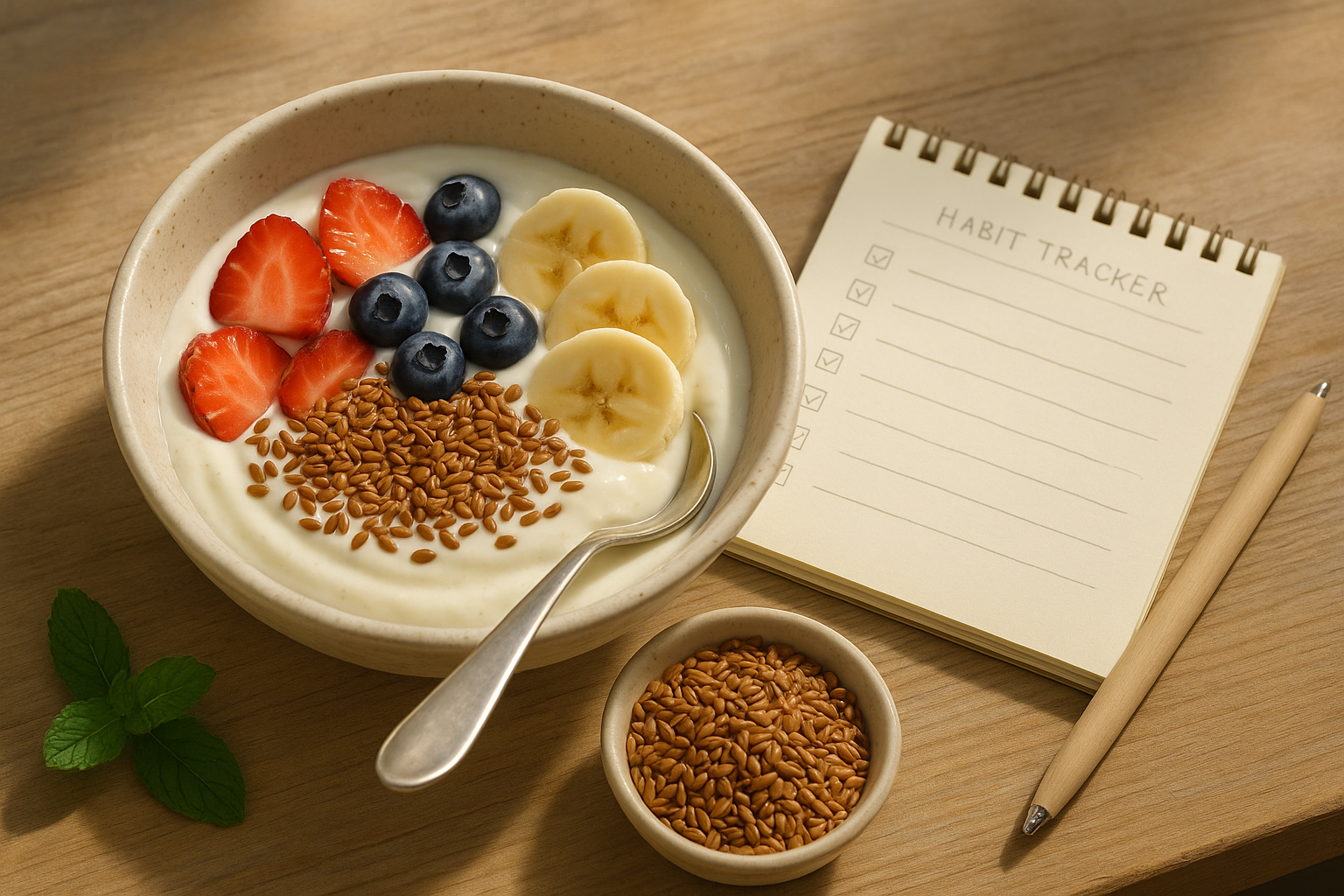 Petit-déjeuner sain avec yaourt, graines et checklist bien-être