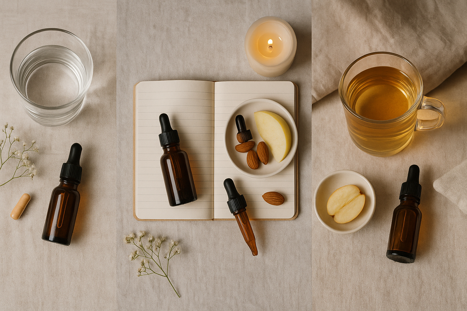 Trois moments d'une journée bien-être : matin, midi et soir, avec Morosil, fleurs de Bach, tisanes et objets apaisants