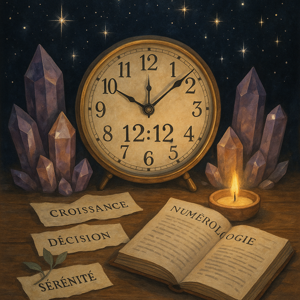 Illustration de l'heure miroir 12h12 avec une horloge, des cristaux et un livre sur la numérologie dans un cadre mystique
