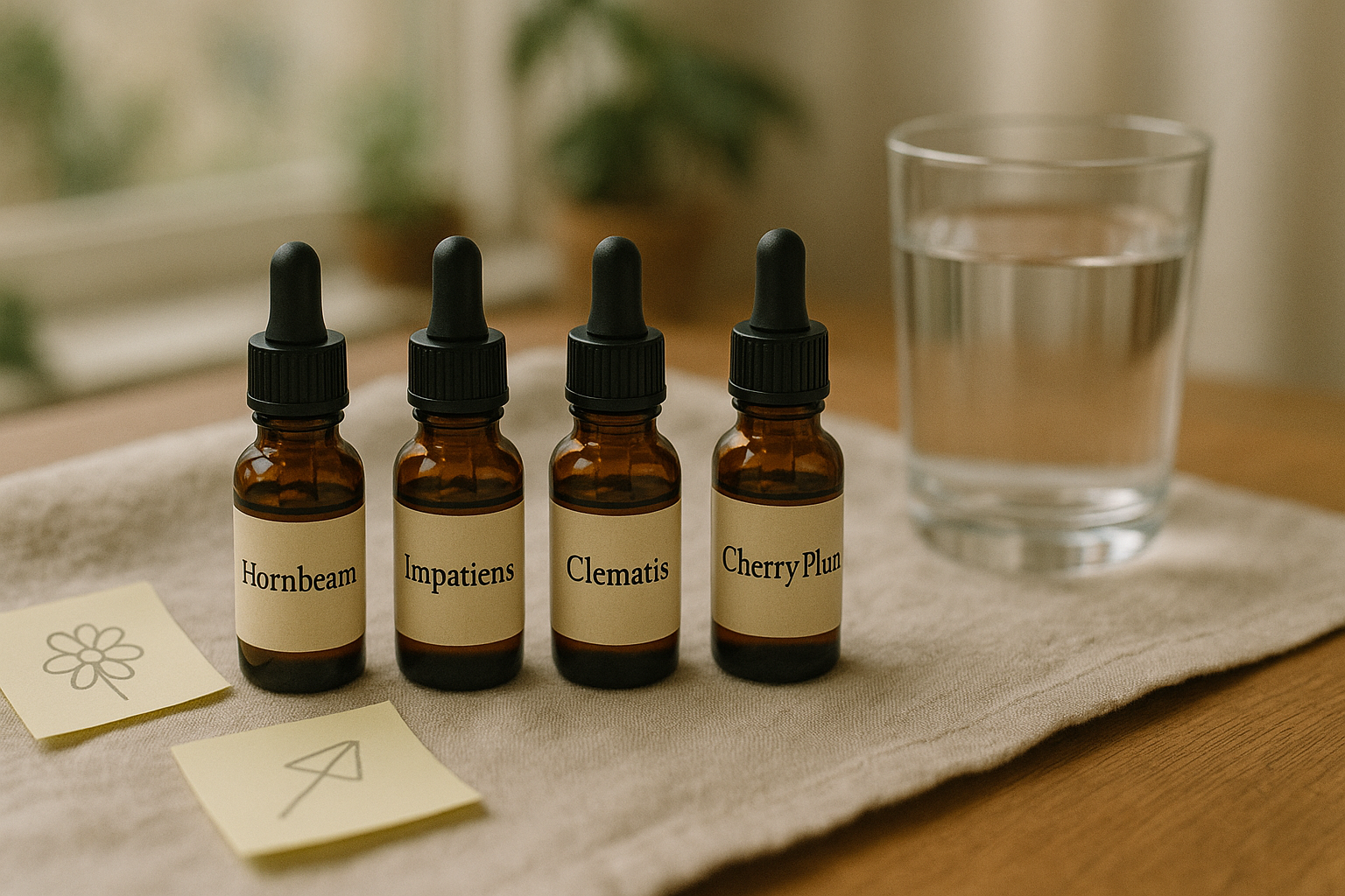 Flacons de fleurs de Bach alignés dans un décor paisible, suggérant un protocole d'utilisation