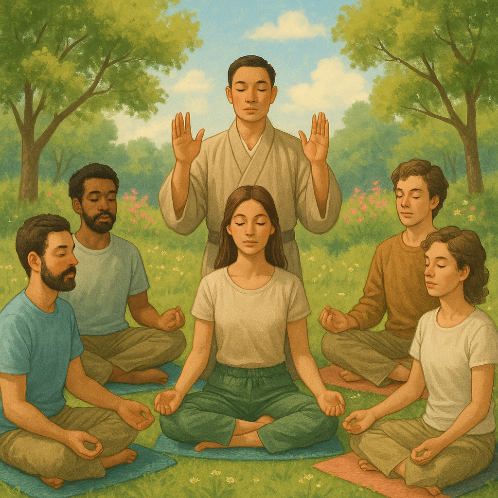 Scène d'un groupe méditant ensemble lors d'une séance de Reiki en plein air.