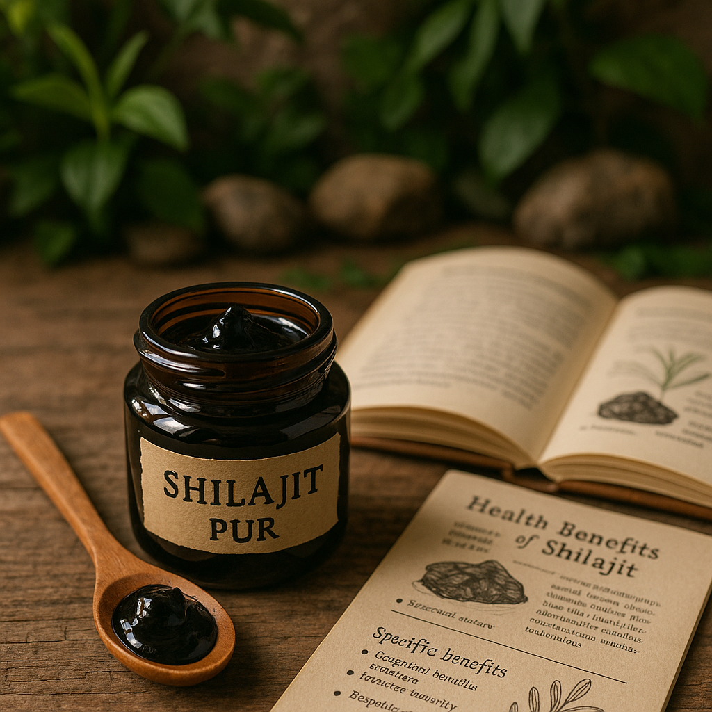 Pot de shilajit pur sur une table en bois, avec des plantes en arrière-plan.