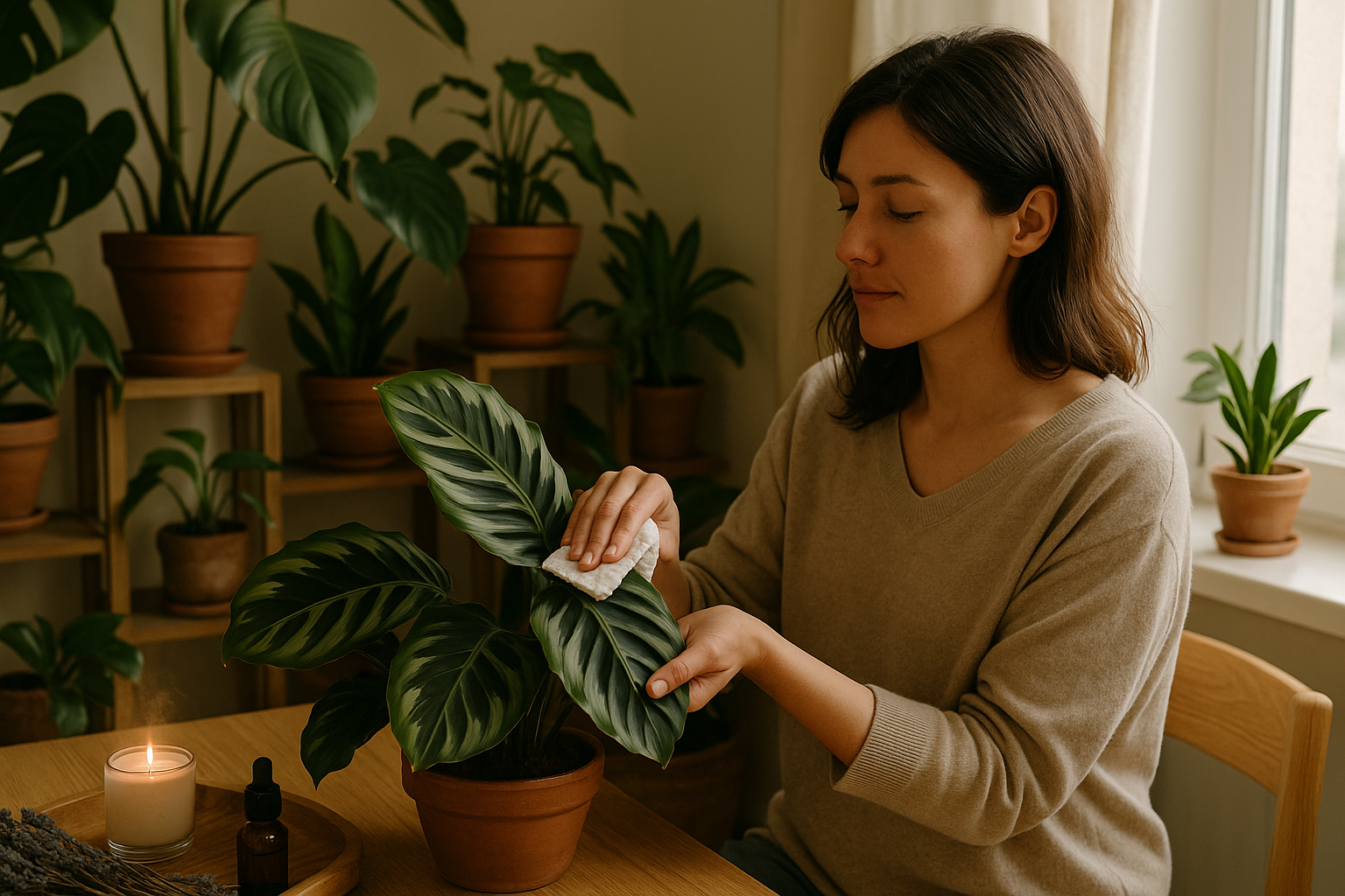 Femme nettoyant les feuilles d'une plante d'intérieur avec soin