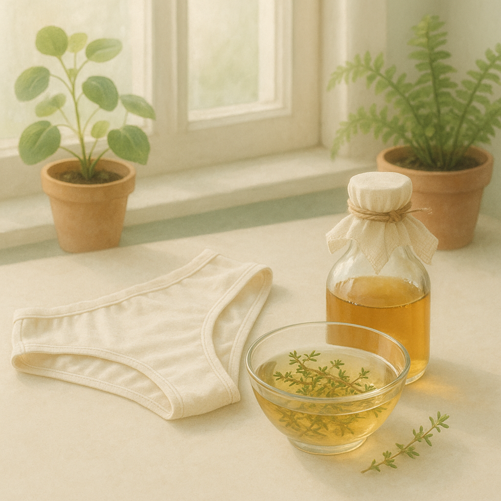 Scène de soins intimes naturels avec des sous-vêtements en coton, une infusion de thym et du vinaigre de cidre.