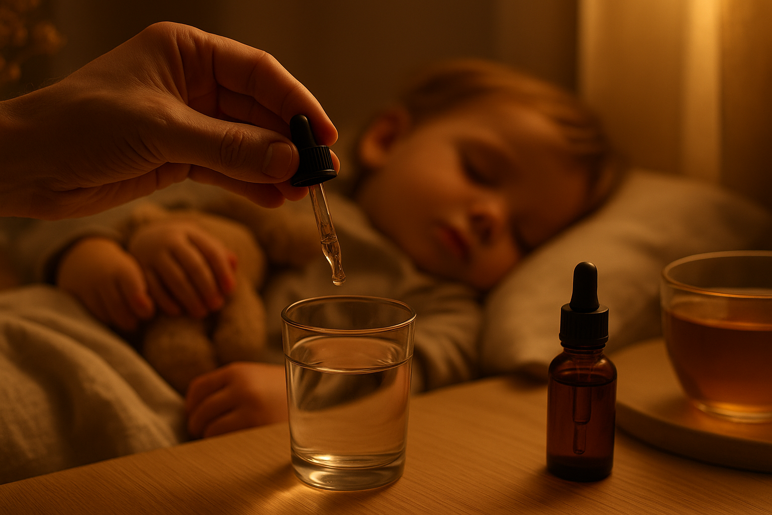 Gouttes de fleurs de Bach versées dans un verre d'eau pour un enfant avant le coucher