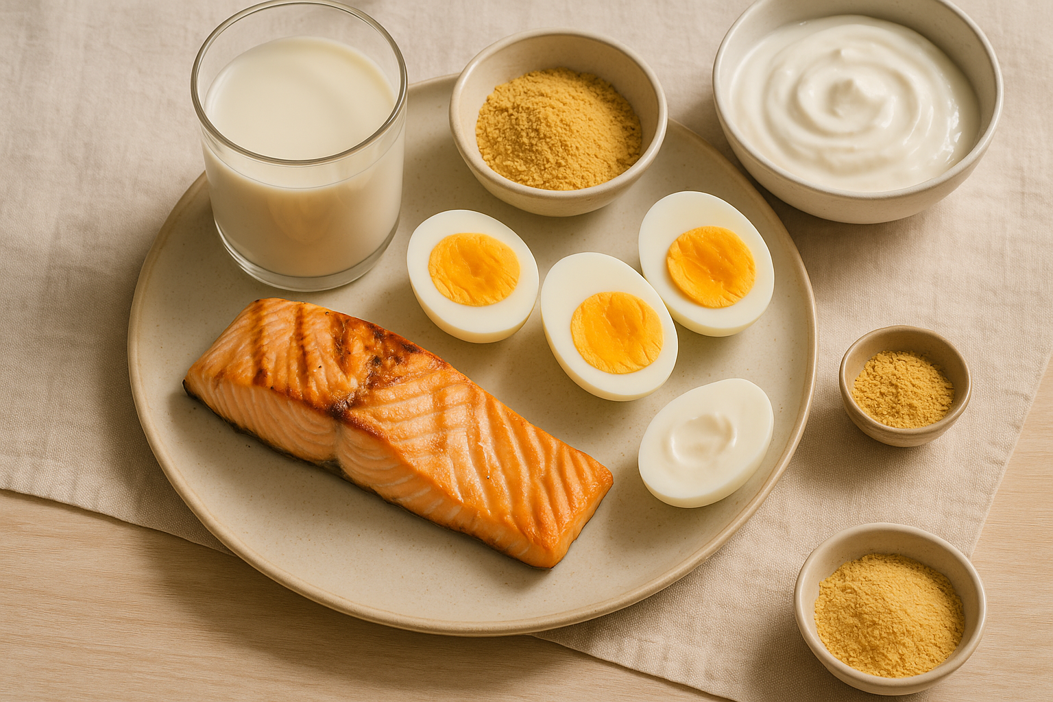 Aliments riches en vitamine B12 présentés de manière naturelle et appétissante