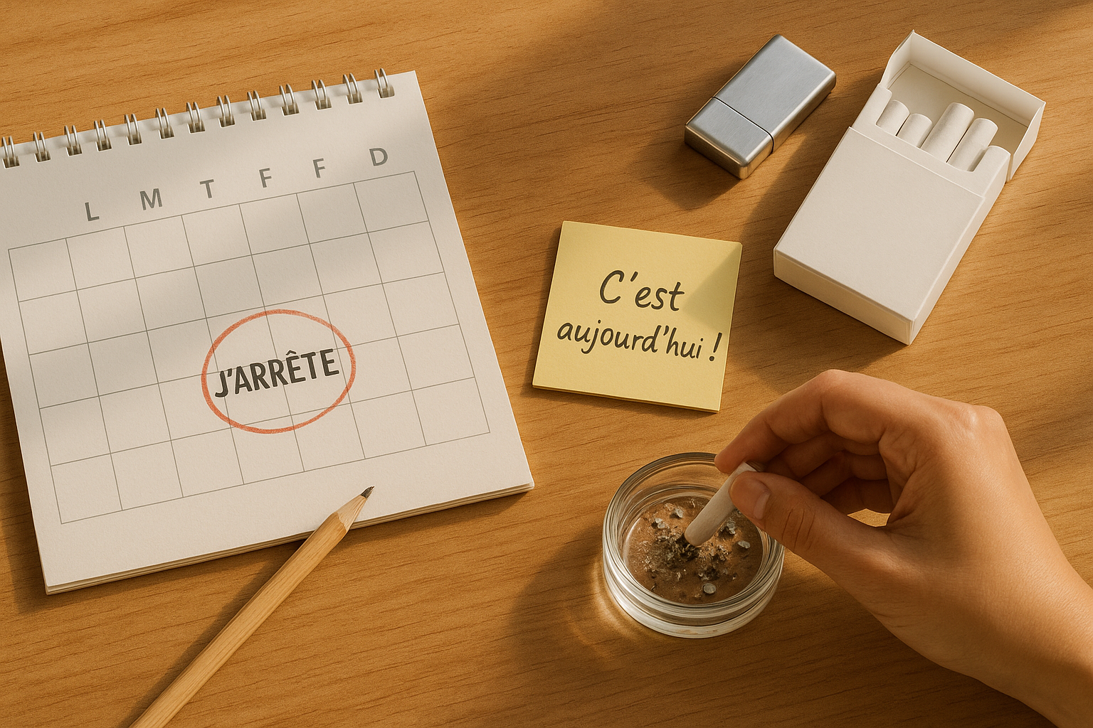 Calendrier marqué au jour J, cigarettes écartées, et note motivante sur un bureau en bois