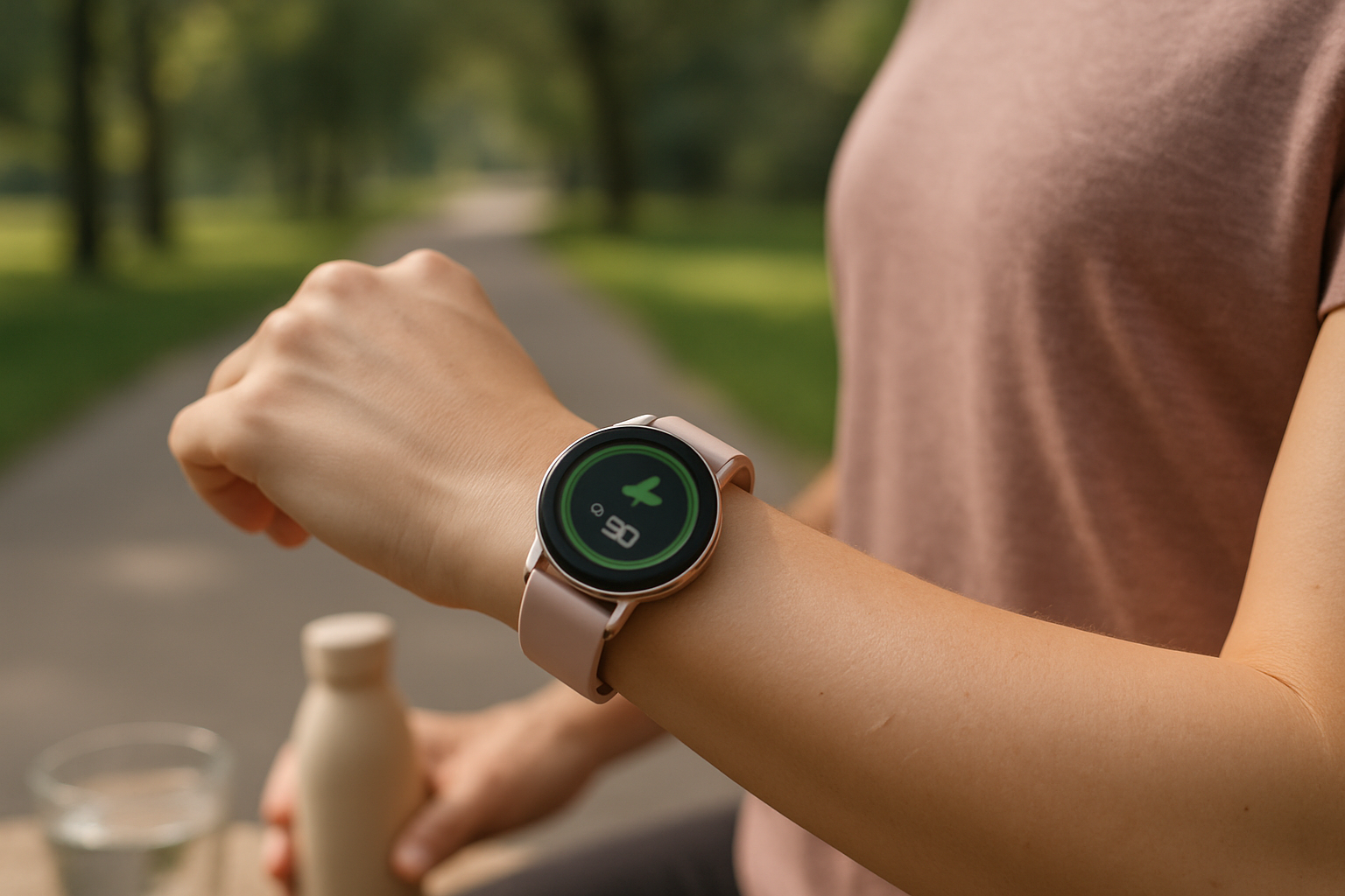 Montre connectée affichant le nombre de pas parcourus pendant une marche