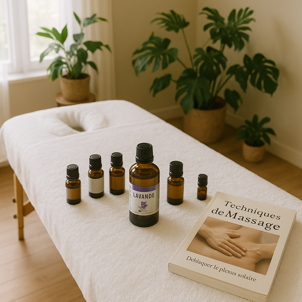 Table de massage avec huiles essentielles dans une pièce de bien-être lumineuse, évoquant les soins pour débloquer le plexus solaire.