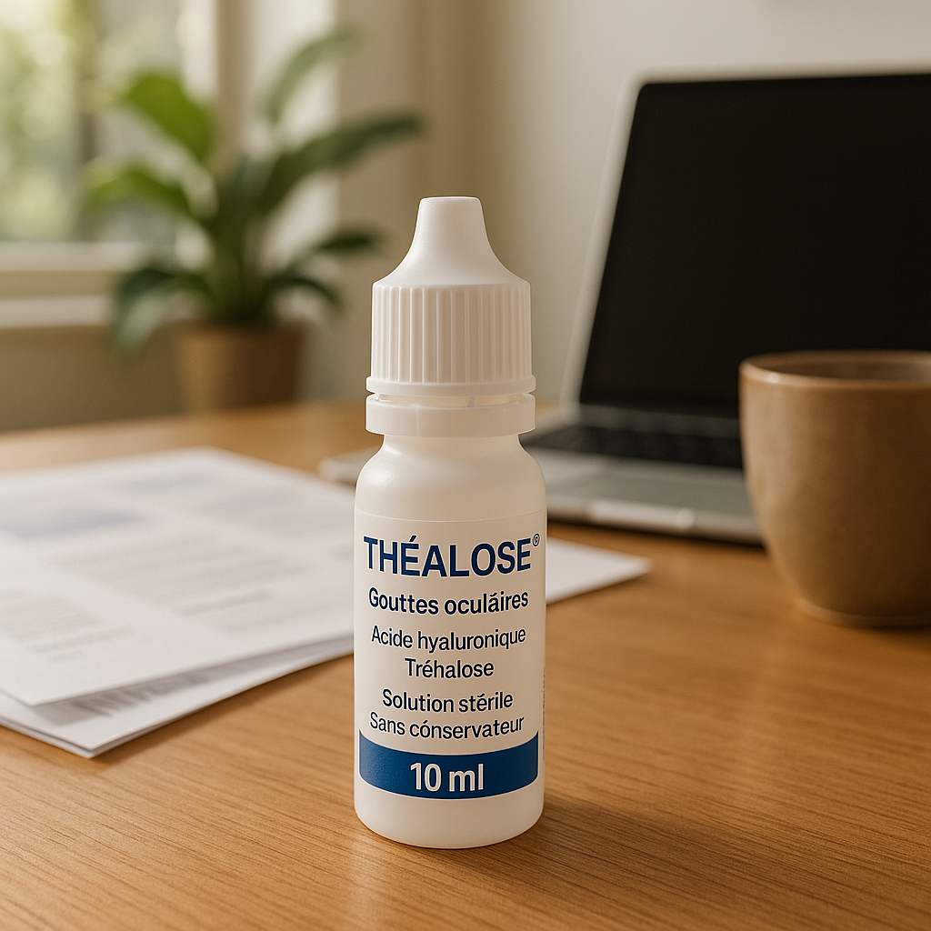 Flacon de gouttes ophtalmiques Théalose sur un bureau au soleil.