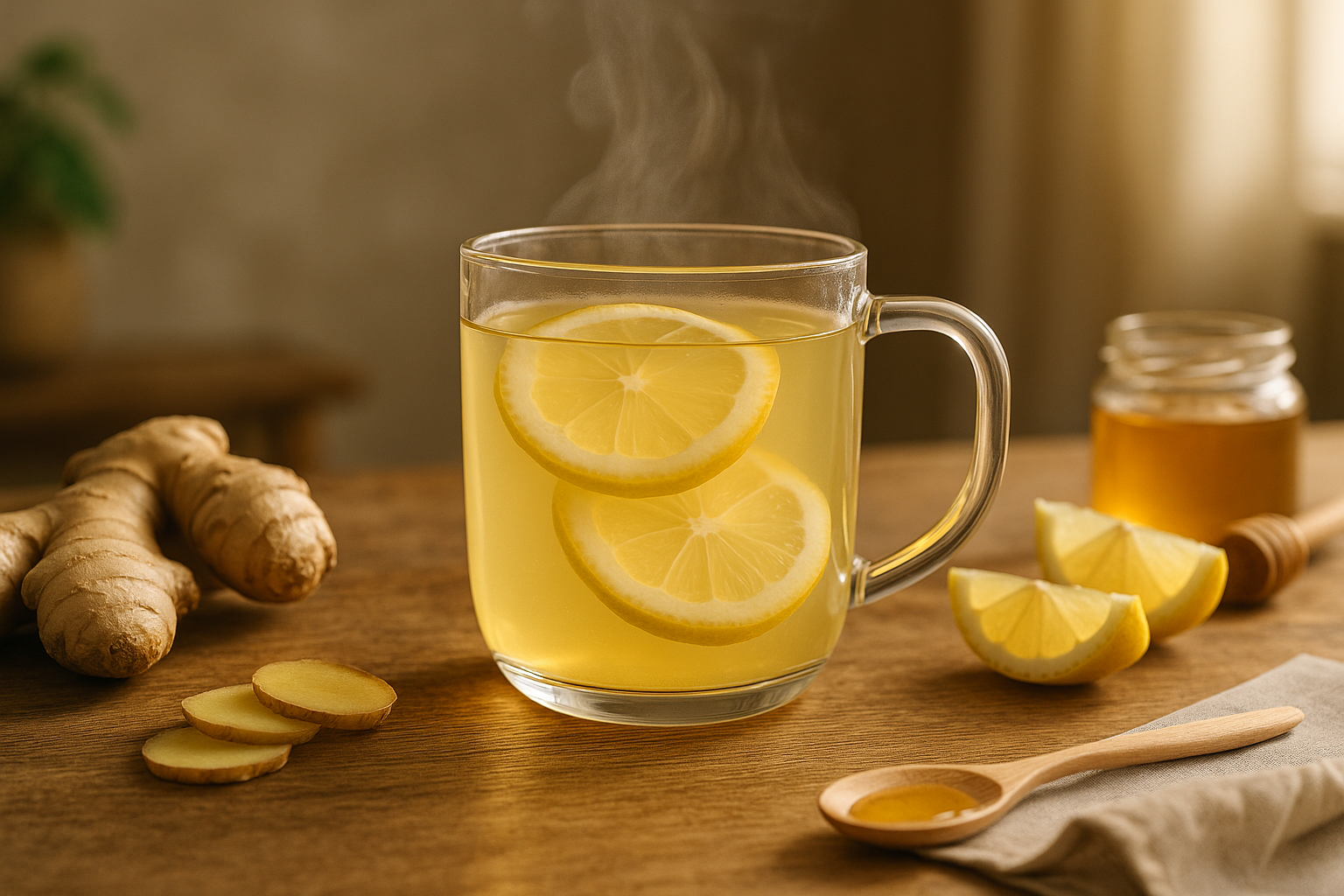Infusion gingembre-citron dans une tasse en verre sur fond en bois naturel.