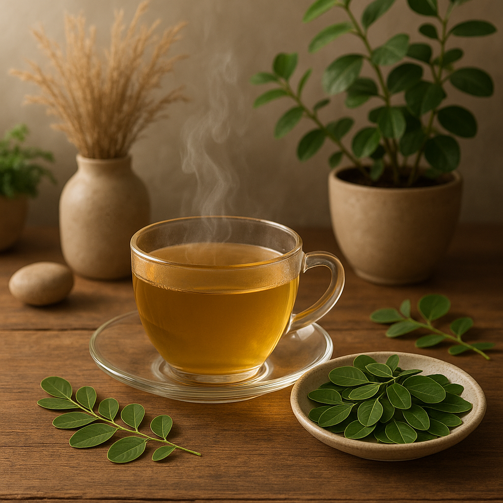 Tasse de tisane de moringa entourée de feuilles de moringa fraîches sur une table en bois, créant une ambiance zen.