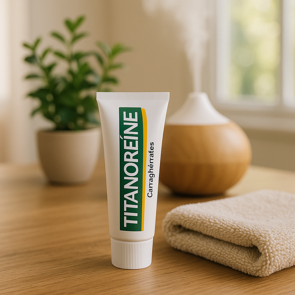 Tube de Titanoréine sur une table avec une serviette et une plante verte dans une atmosphère apaisante.